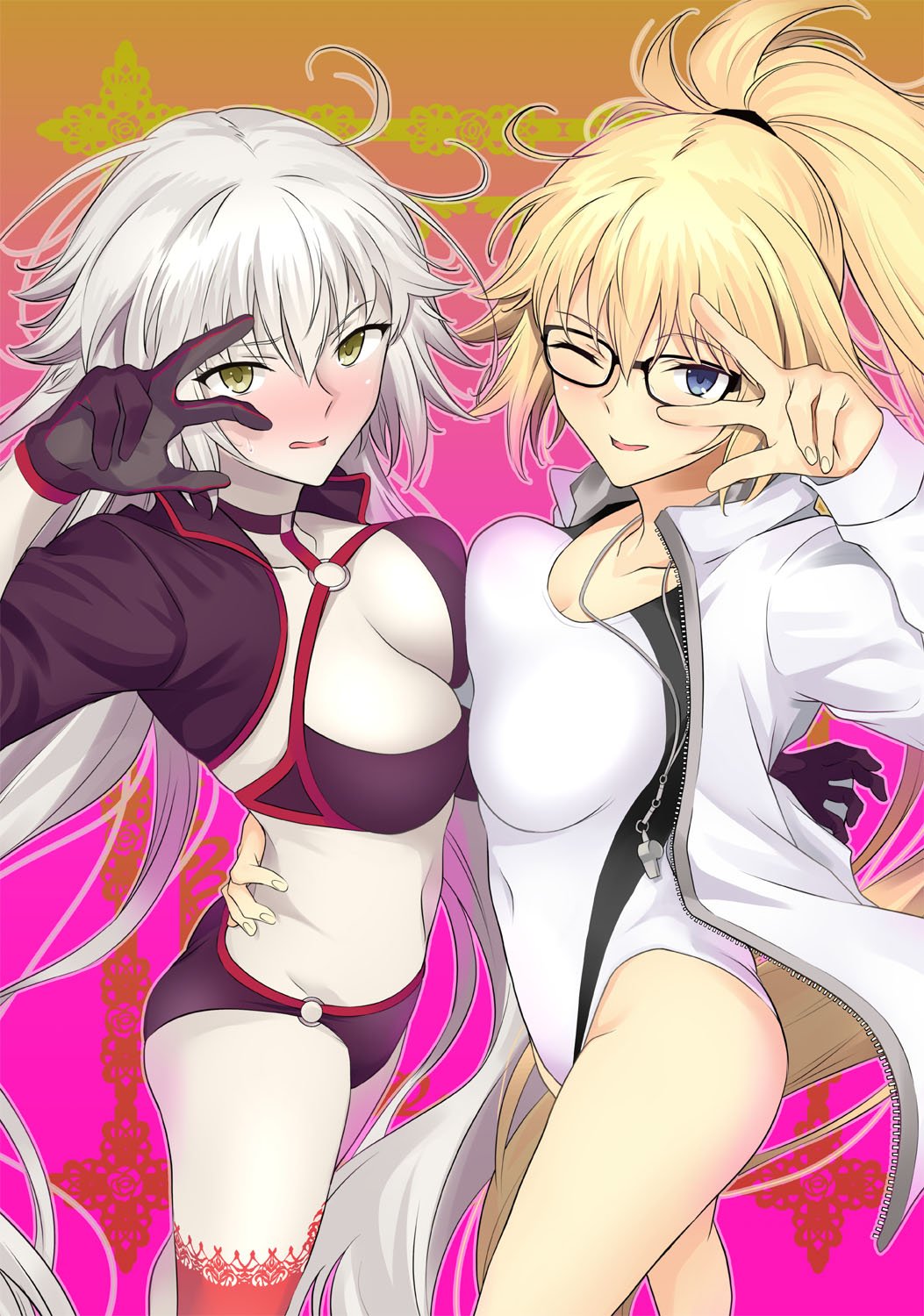2girls ahoge bangs bikini black-framed_eyewear black_bikini black_jacket blonde_hair blush breast_press breasts choker collarbone competition_swimsuit covered_navel cropped_jacket fate/grand_order fate_(series) full-face_blush glasses hair_between_eyes hand_gesture highres hips jacket jeanne_d'arc_(alter_swimsuit_berserker) jeanne_d'arc_(fate)_(all) jeanne_d'arc_(swimsuit_archer) large_breasts long_hair long_sleeves looking_at_viewer multiple_girls navel o-ring o-ring_bikini one-piece_swimsuit one_eye_closed open_clothes open_jacket open_mouth pale_skin ponytail red_legwear shrug_(clothing) silver_hair single_thighhigh smile swimsuit symmetrical_docking thigh-highs thighs very_long_hair w whistle whistle_around_neck white_jacket white_swimsuit yellow_eyes yoshiki360