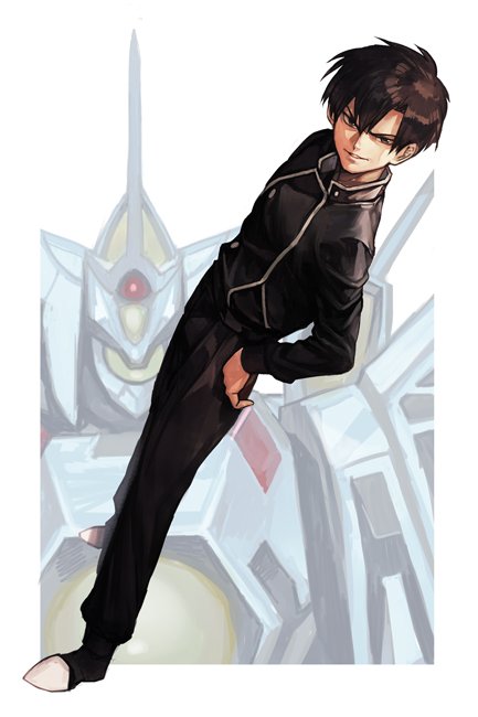 1boy black_eyes black_hair dutch_angle evil_smile hades_project_zeorymer hankuri kihara_masaki mecha school_uniform smile super_robot white_background zeorymer