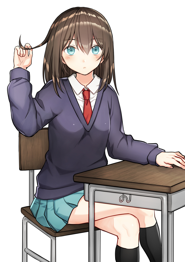 1girl bangs black_legwear blue_eyes blue_skirt blue_sweater blush brown_hair chair closed_mouth collared_shirt commentary_request desk eyebrows_visible_through_hair fingernails hair_between_eyes kneehighs kurata_rine legs_crossed long_hair long_sleeves looking_at_viewer necktie original playing_with_own_hair pleated_skirt red_neckwear revision school_chair school_desk shirt simple_background sitting skirt solo sweater white_background white_shirt