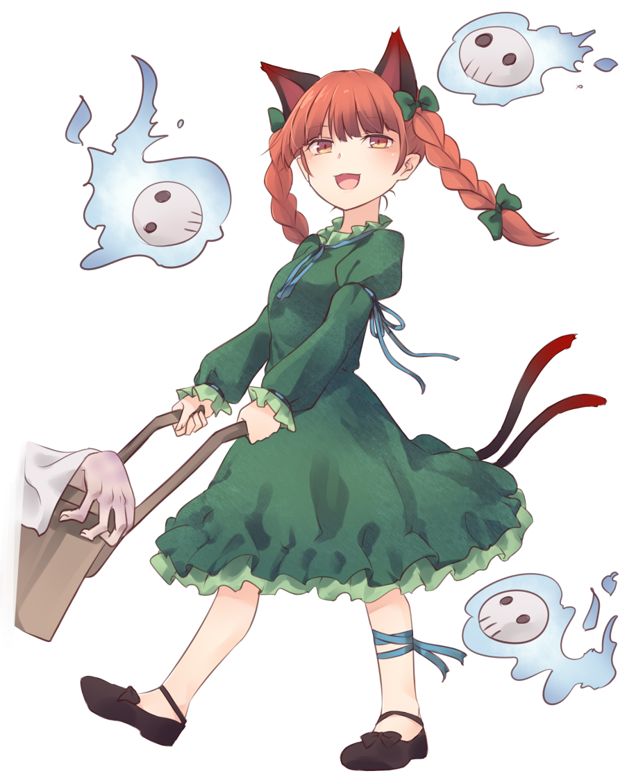 1girl :d animal_ears arm_ribbon bangs black_footwear blue_neckwear blue_ribbon bow braid breasts cat_ears commentary_request corpse dress full_body green_bow green_dress hair_bow juliet_sleeves kaenbyou_rin leg_ribbon long_hair long_sleeves looking_at_viewer medium_breasts miyo_(ranthath) neck_ribbon nekomata open_mouth petticoat puffy_sleeves redhead ribbon shoes simple_background skull smile solo standing touhou twin_braids twintails wheelbarrow white_background yellow_eyes