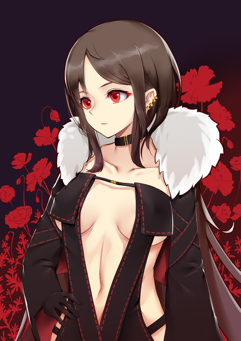 1girl black_collar black_dress black_gloves black_hair black_jacket breasts center_opening collarbone consort_yu_(fate) dress ear_piercing fate/grand_order fate_(series) flower fur-trimmed_jacket fur_trim gloves hand_on_hip highres jacket liu_lan long_hair medium_breasts navel open_clothes open_jacket piercing red_eyes red_flower revealing_clothes solo strapless strapless_dress very_long_hair