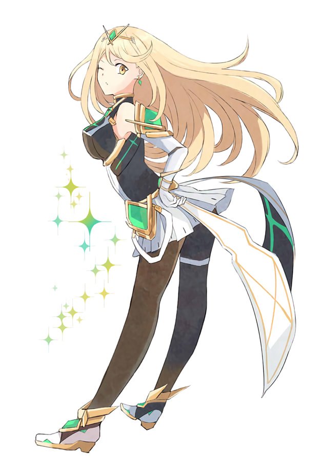 1girl armor bangs black_legwear blonde_hair breasts covered_navel earrings gem gloves hayuki_106 headpiece mythra_(xenoblade) jewelry long_hair long_sleeves looking_at_viewer nintendo one_eye_closed pantyhose solo super_smash_bros. super_smash_bros._ultimate swept_bangs thigh_strap tiara xenoblade_(series) xenoblade_2 yellow_eyes