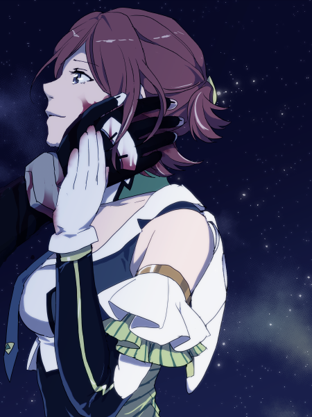 1girl blood blood_on_face bloody_clothes blue_eyes cero_(cerocero) couple hand_on_another's_cheek hand_on_another's_face hetero kaname_buccaneer macross macross_delta messer_ihlefeld redhead short_hair tearing_up