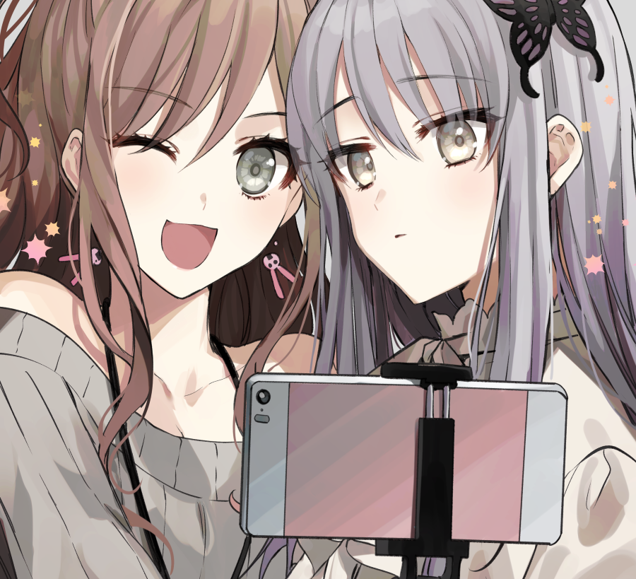 2girls ;d bang_dream! bangs bare_shoulders blush breasts brown_eyes brown_hair bunny_hair_ornament butterfly_hair_ornament cellphone cleavage closed_mouth collarbone commentary eyebrows_visible_through_hair eyelashes gambe grey_eyes grey_hair hair_ornament imai_lisa long_hair minato_yukina multiple_girls off-shoulder_sweater one_eye_closed open_mouth phone self_shot selfie_stick shirt side-by-side sidelocks smartphone smile sweater upper_body white_shirt