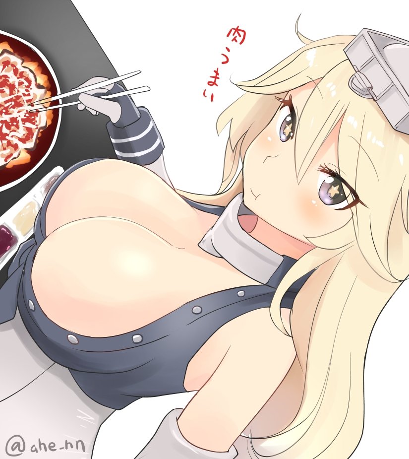 1girl bare_shoulders blonde_hair blush breasts chopsticks cleavage closed_mouth commentary_request detached_sleeves dutch_angle eating eyebrows eyebrows_visible_through_hair eyes_visible_through_hair food hair_between_eyes hat iowa_(kantai_collection) kantai_collection large_breasts long_hair looking_at_viewer solo star star-shaped_pupils symbol-shaped_pupils twitter_username white_background