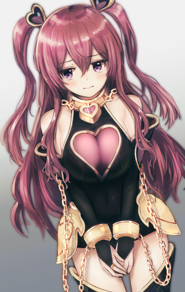 1girl bangs bare_shoulders black_legwear blush breasts bridal_gauntlets chains cleavage closed_mouth collar covered_navel cowboy_shot cuffs dargo faulds gradient gradient_background hair_between_eyes hair_ornament handcuffs heart heart_cutout heart_hair_ornament large_breasts long_hair looking_at_viewer looking_to_the_side princess_connect! princess_connect!_re:dive redhead sidelocks simple_background solo standing thigh-highs tomi_kuka two_side_up v_arms violet_eyes