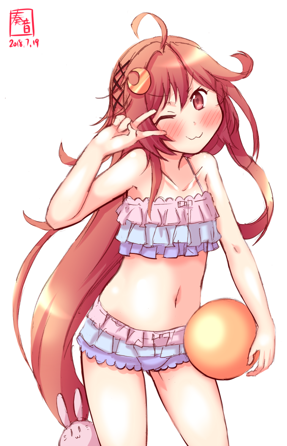 1girl :3 ahoge artist_logo ball bikini bunny_hair_ornament collarbone commentary_request cowboy_shot crescent crescent_hair_ornament dated frilled_bikini frills hair_ornament hair_ribbon highres kanon_(kurogane_knights) kantai_collection long_hair looking_at_viewer low-tied_long_hair navel one_eye_closed pink_hair red_eyes revision ribbon simple_background smile solo swimsuit uzuki_(kantai_collection) v v-shaped_eyebrows v_over_eye white_background white_bikini