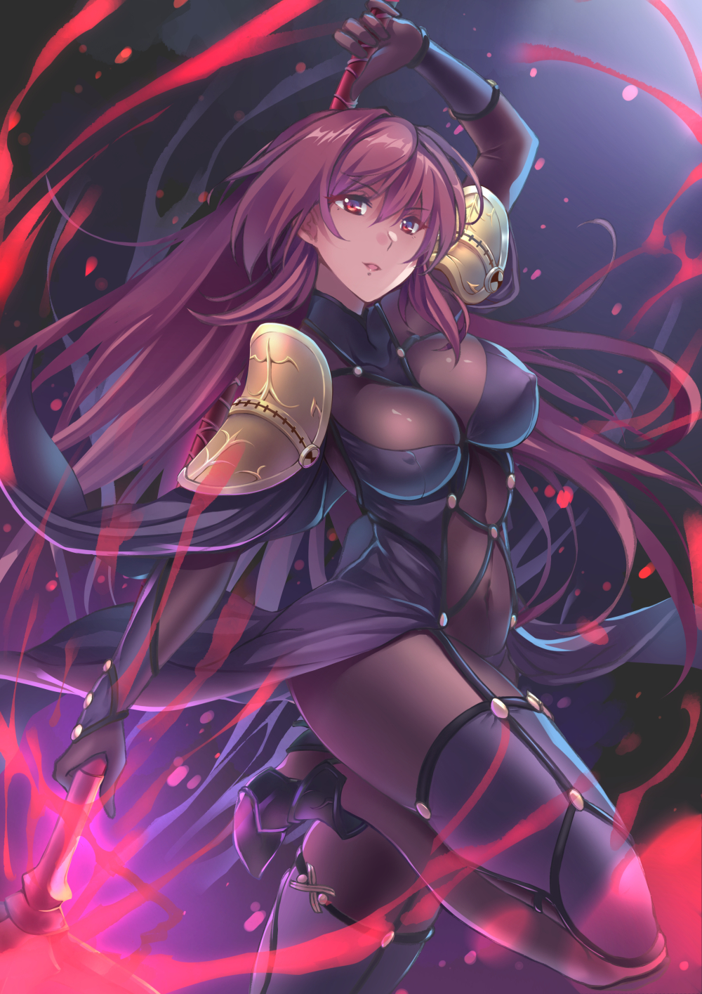 1girl a-na bodysuit breasts covered_navel covered_nipples dark_background fate/grand_order fate_(series) gae_bolg hair_intakes highres holding holding_weapon large_breasts leg_up leotard long_hair looking_at_viewer pauldrons polearm purple_bodysuit purple_hair purple_leotard red_eyes scathach_(fate)_(all) scathach_(fate/grand_order) shoulder_armor spear weapon