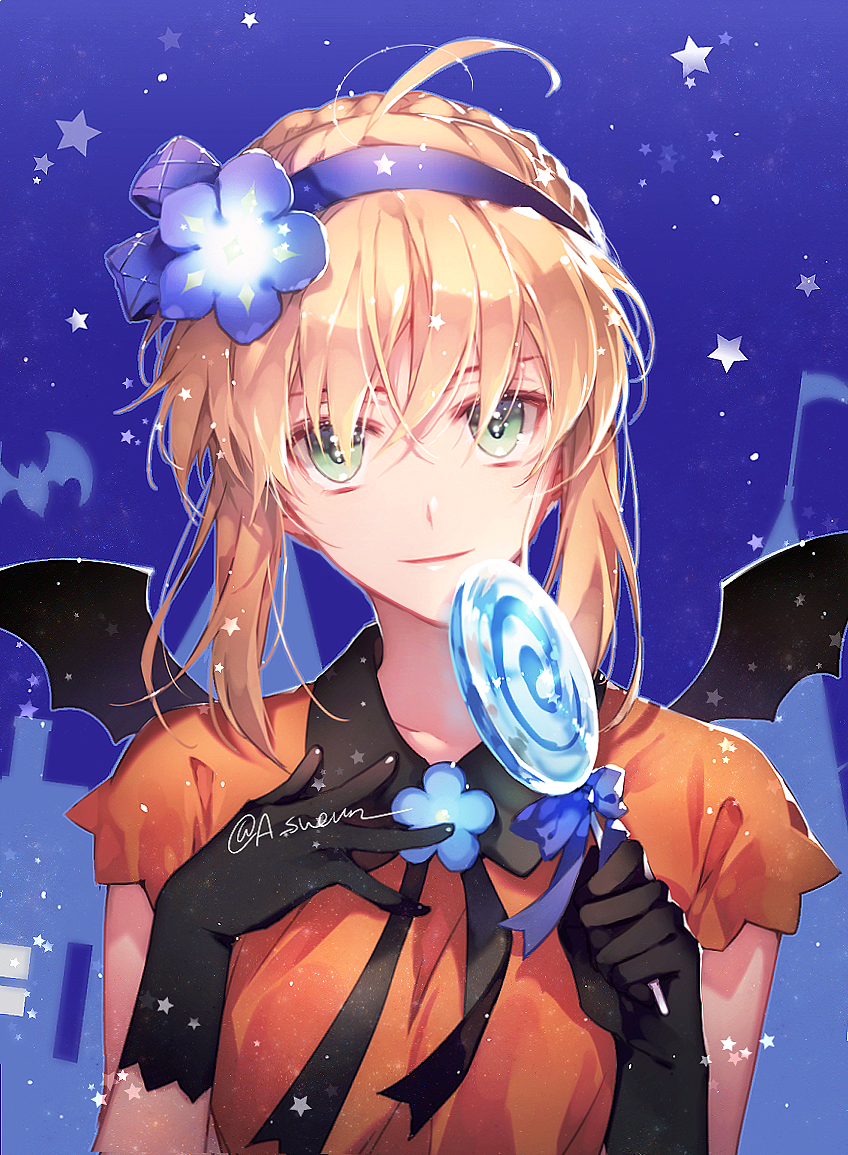 1girl artoria_pendragon_(all) black_gloves black_wings blue_background blue_flower braid breasts candy closed_mouth collarbone collared_shirt fate/stay_night fate_(series) flower food gloves h_sueun hair_flower hair_ornament hairband halloween hands_up head_tilt holding holding_food holding_lollipop light_smile lollipop looking_at_viewer mini_wings orange_shirt purple_hairband revision saber shirt short_sleeves sidelocks small_breasts solo star swirl_lollipop twitter_username wings