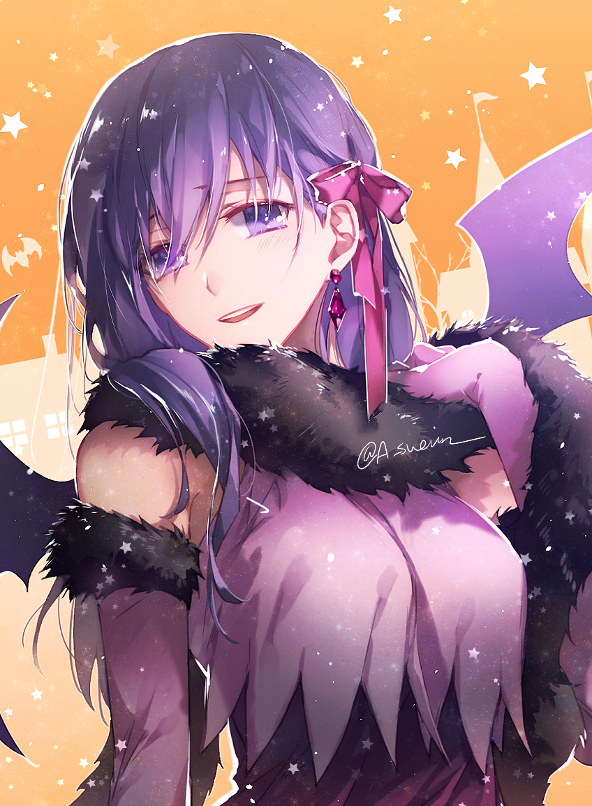 1girl bangs blush bow breasts crop_top crystal earrings elbow_gloves eyebrows_visible_through_hair fate/stay_night fate_(series) fur-trimmed_gloves fur_collar fur_trim gloves h_sueun hair_between_eyes hair_bow halloween hand_up head_tilt jewelry long_hair matou_sakura medium_breasts orange_background parted_lips pink_gloves pink_shirt purple_bow purple_hair revision round_teeth shirt solo teeth twitter_username upper_teeth violet_eyes