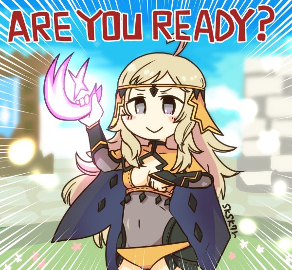 1girl ahoge artist_name blonde_hair blue_sky cape center_opening circlet closed_mouth covered_navel fire_emblem fire_emblem_heroes fire_emblem_if grey_eyes long_hair nintendo ophelia_(fire_emblem_if) sksk7r sky smile solo