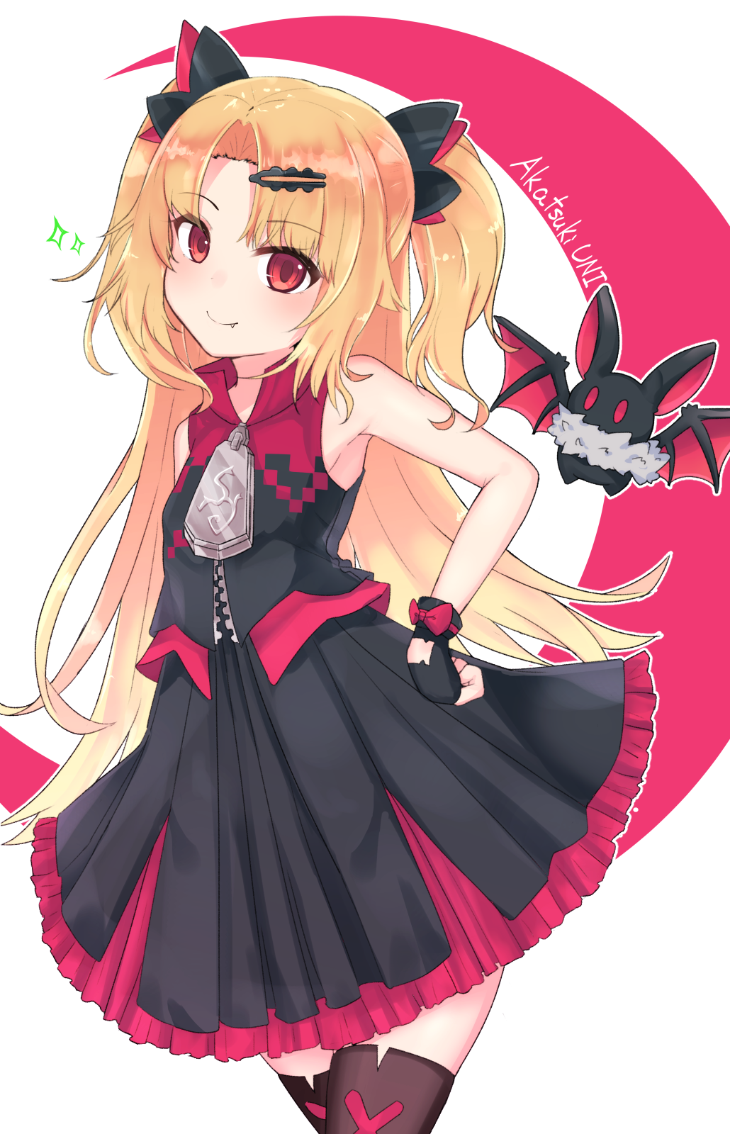 1girl akatsuki_yuni animal bangs bat black_dress black_gloves blonde_hair blush bow brown_legwear character_name chawan_(yultutari) closed_mouth commentary_request crescent dress eyebrows_visible_through_hair fang fang_out fingerless_gloves fur gloves hair_ornament hairclip hand_on_hip head_tilt highres parted_bangs pleated_dress red_bow red_eyes sleeveless sleeveless_dress smile solo sparkle thigh-highs two_side_up uni_channel virtual_youtuber white_background zipper_pull_tab