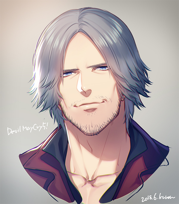 1boy artist_name beard copyright_name dante_(devil_may_cry) dated devil_may_cry devil_may_cry_5 facial_hair grey_hair jacket kuren male_focus red_jacket solo wrinkles