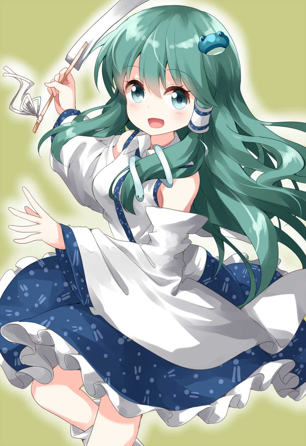 1girl bare_shoulders blue_skirt breasts collared_shirt detached_sleeves eyebrows_visible_through_hair frog_hair_ornament green_background green_eyes green_hair hair_ornament hair_tubes highres kochiya_sanae large_breasts long_hair long_skirt looking_at_viewer nontraditional_miko open_mouth ruu_(tksymkw) shirt simple_background skirt sleeveless sleeveless_shirt snake_hair_ornament solo touhou white_legwear white_shirt wide_sleeves