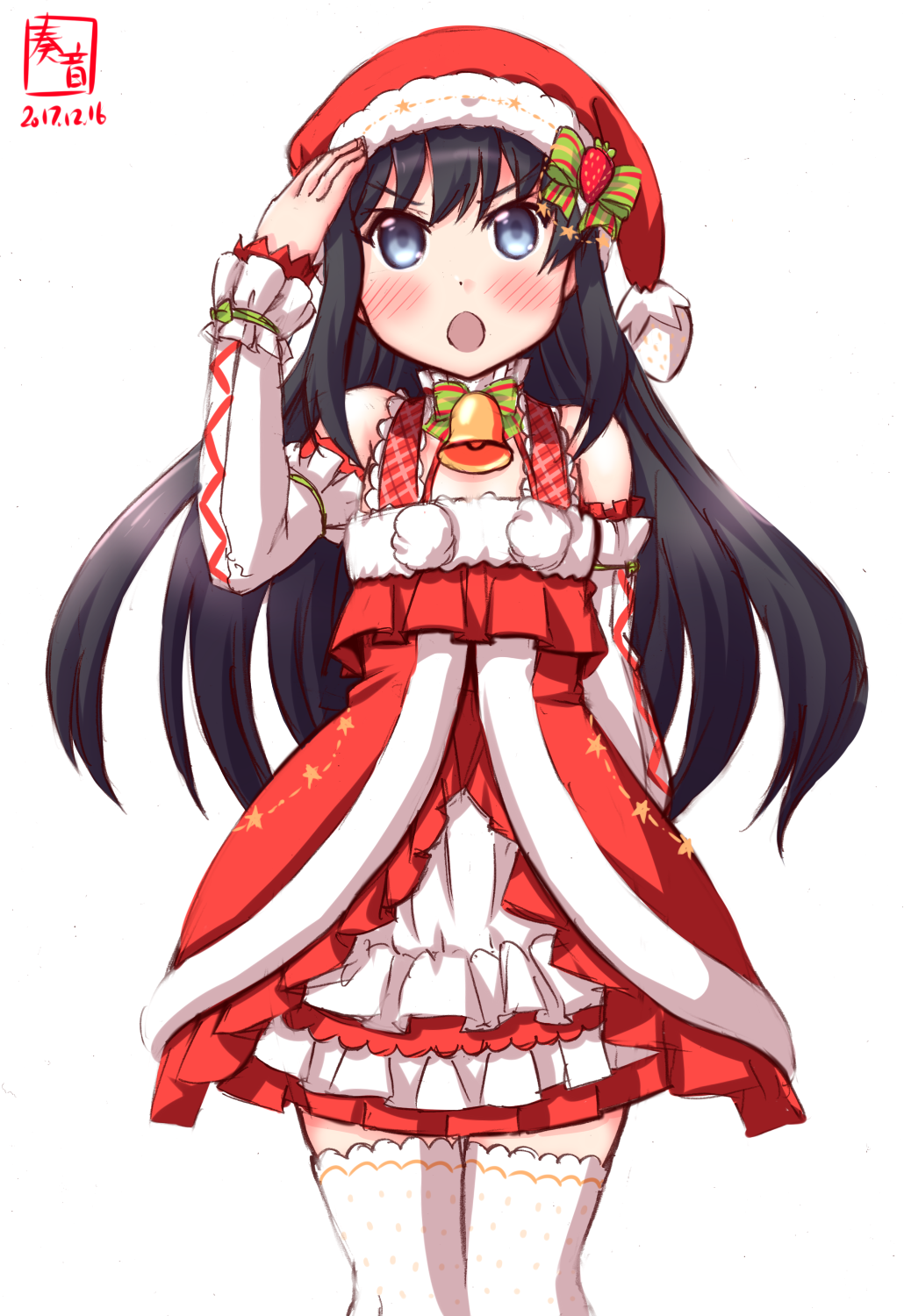 1girl artist_logo asashio_(kantai_collection) bell black_hair blue_eyes cowboy_shot dated detached_sleeves dress frilled_dress frills highres kanon_(kurogane_knights) kantai_collection long_hair open_mouth revision salute santa_costume simple_background solo standing thigh-highs white_background white_legwear