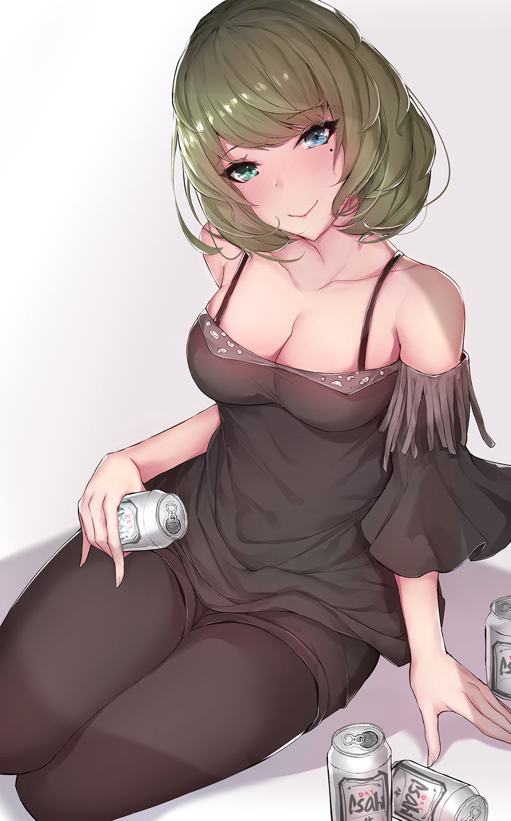 1girl :&gt; arm_support bare_shoulders beer_can black_legwear black_shirt black_shorts blue_eyes blush breasts can cleavage collarbone drunk fringe_trim gradient gradient_background green_eyes green_hair grey_background head_tilt heterochromia highres idolmaster idolmaster_cinderella_girls looking_at_viewer medium_breasts mole mole_under_eye pantyhose raglan_sleeves shadow sherryqq shirt short_hair shorts simple_background sitting smile solo takagaki_kaede yokozuwari