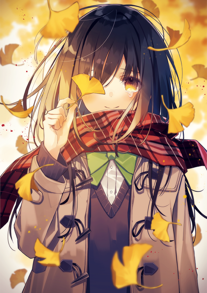 1girl autumn autumn_leaves bangs blurry blush bow bowtie brown_hair coat covered_eyes crying depth_of_field falling_leaves ginkgo ginkgo_leaf leaf long_hair looking_at_viewer open_clothes open_coat original oshio_(dayo) plaid plaid_scarf red_scarf scarf school_uniform smile solo sweater tears upper_body wind yellow_eyes