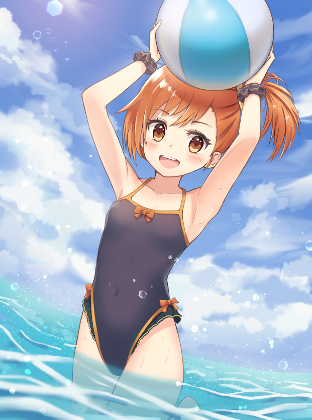 1girl :d armpits arms_up ball bangs bare_arms beachball bikini black_bikini black_scrunchie blue_sky blush breasts brown_hair clouds cloudy_sky collarbone covered_navel dargo day holding leg_up looking_at_viewer ocean one-piece_swimsuit open_mouth orange_hair outdoors princess_connect! princess_connect!_re:dive scrunchie short_hair side_ponytail sky small_breasts smile solo swimsuit upper_teeth wading water wrist_scrunchie