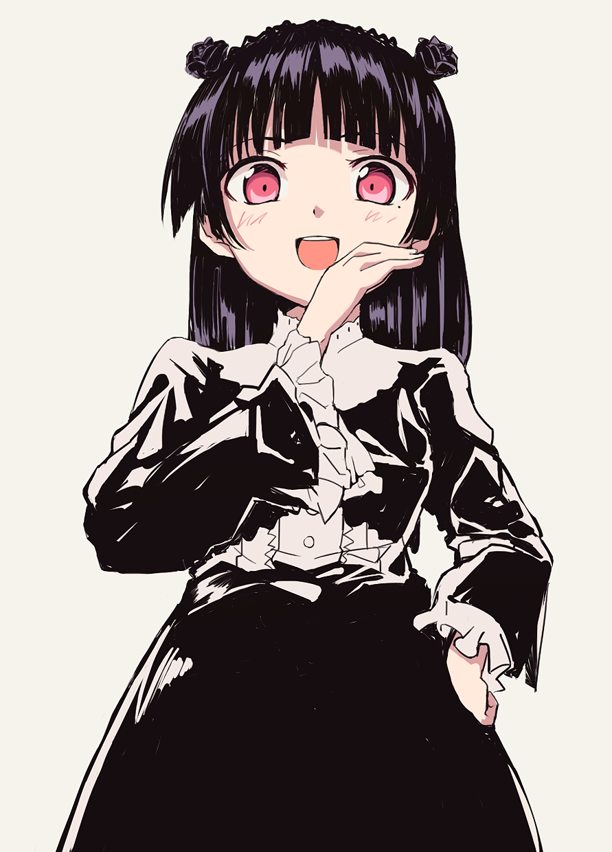 black_hair from_below gokou_ruri gothic_lolita hair_ornament highres hime_cut laughing lolita_fashion long_hair looking_at_viewer mole mole_under_eye nohirune open_mouth ore_no_imouto_ga_konna_ni_kawaii_wake_ga_nai red_eyes rose_hair_ornament white_background