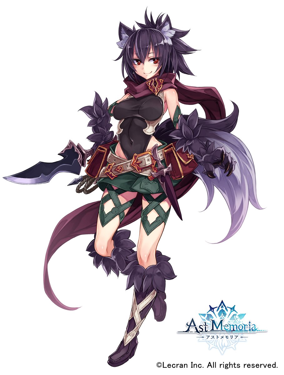 1girl animal_ears belt belt_pouch black_leotard breasts character_request claws copyright_name copyright_request covered_navel fur highleg highres kenkou_cross leotard logo looking_at_viewer medium_breasts monster_girl paws pouch purple_hair red_eyes scarf short_hair solo strapless strapless_leotard tail watermark web_address wolf_ears wolf_girl wolf_tail