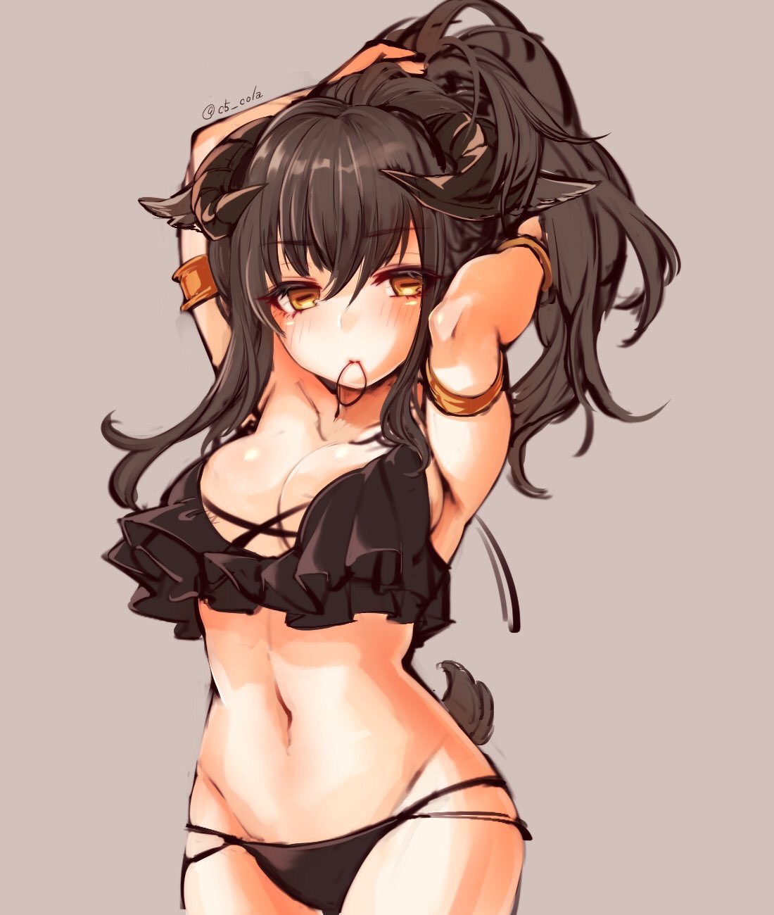 1girl adjusting_hair animal_ears armlet armpits arms_up bangs bikini black_bikini black_hair blush bracelet breasts brown_background brown_eyes commentary conomi-c5 cowboy_shot eyebrows_visible_through_hair frilled_bikini frills groin hair_tie_in_mouth half-closed_eyes hands_in_hair highres horizontal_pupils horns jewelry long_hair looking_at_viewer medium_breasts mouth_hold navel original sheep sheep_ears sheep_horns sheep_tail solo standing swimsuit tail twitter_username