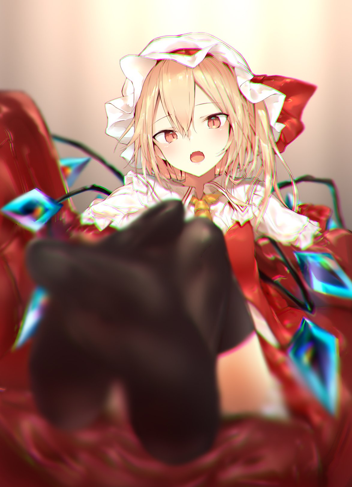 1girl black_legwear blonde_hair blurry blurry_foreground chromatic_aberration couch crystal depth_of_field feet flandre_scarlet hair_between_eyes hat hat_ribbon head_tilt highres long_hair looking_at_viewer lying mob_cap on_back open_mouth red_eyes red_ribbon red_skirt red_vest ribbon sakusyo skirt skirt_set slit_pupils solo thigh-highs touhou vest white_hat wings yellow_neckwear