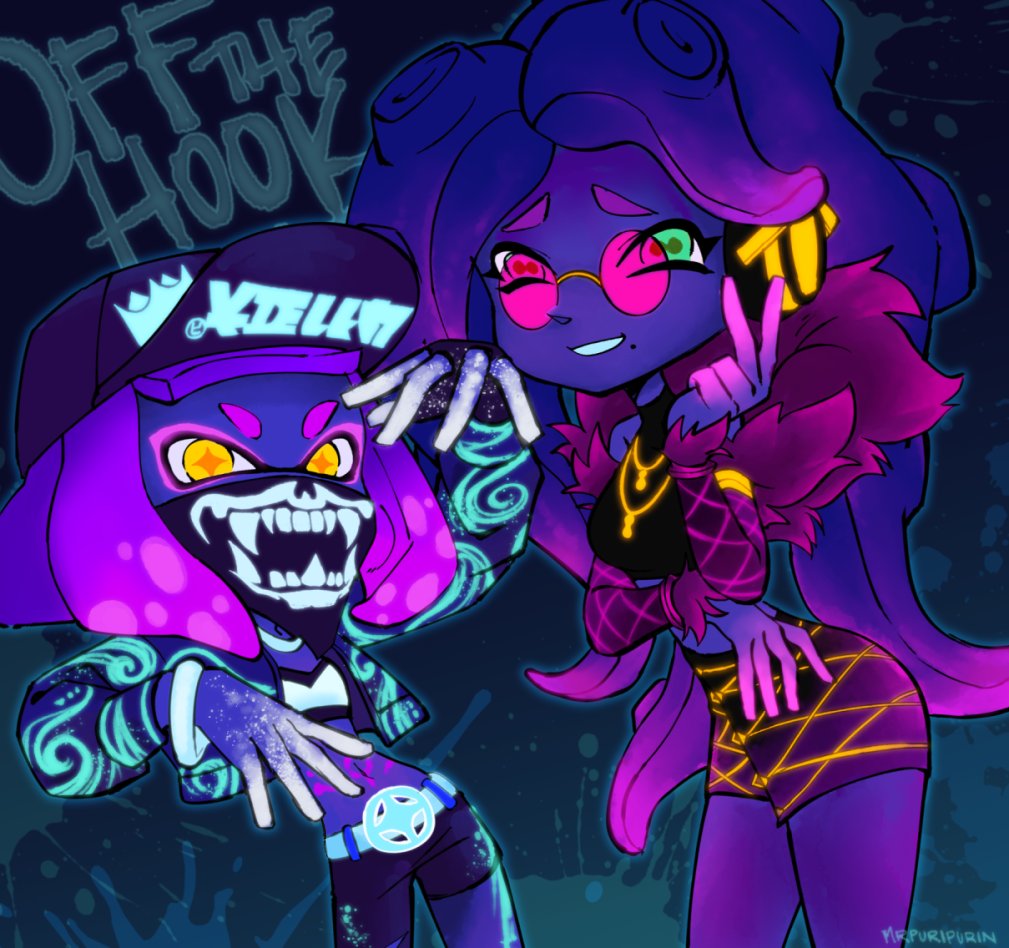 2girls akali akali_(cosplay) bare_shoulders cephalopod_eyes cosplay dark_skin evelynn evelynn_(cosplay) hat hime_(splatoon) iida_(splatoon) jacket jewelry k/da_(league_of_legends) k/da_akali k/da_evelynn korina_(mrpuripurin) league_of_legends long_hair looking_at_viewer mask midriff multicolored multicolored_skin multiple_girls navel nintendo octarian purple_hair splatoon splatoon_(series) splatoon_2 tentacle_hair yellow_eyes