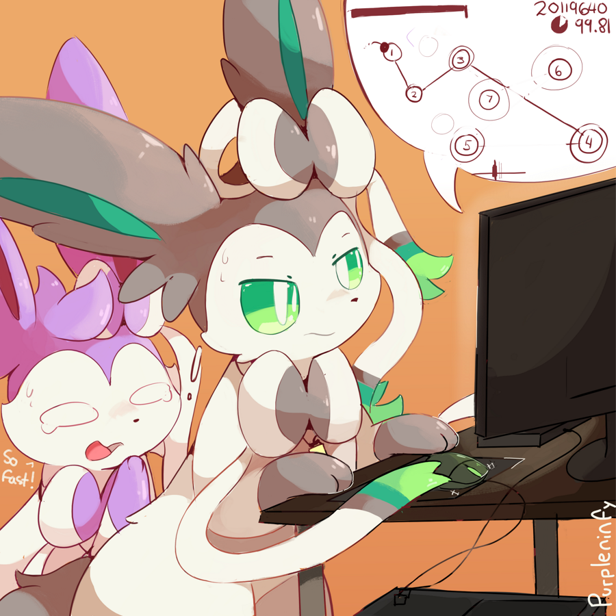 ! alternate_color artist_name bow commentary computer creatures_(company) english_text game_freak gen_6_pokemon green_eyes green_sclera keyboard monitor mouse_(computer) nintendo no_humans number orange_background osu! pokemon purpleninfy ribbon simple_background sweat sylveon tearing_up video_game