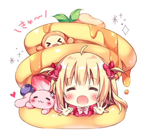 &gt;_&lt; 1girl :3 :d =_= ahoge animal bangs blonde_hair blueberry blush bow bowtie chibi commentary_request facing_viewer food fruit hair_bow heart in_food leaf long_hair lowres open_mouth original outstretched_arms pan_(mimi) pancake pink_neckwear rabbit red_bow red_shirt shirt simple_background smile solo stack_of_pancakes strawberry syrup ten-chan_(pan_(mimi)) two_side_up white_background