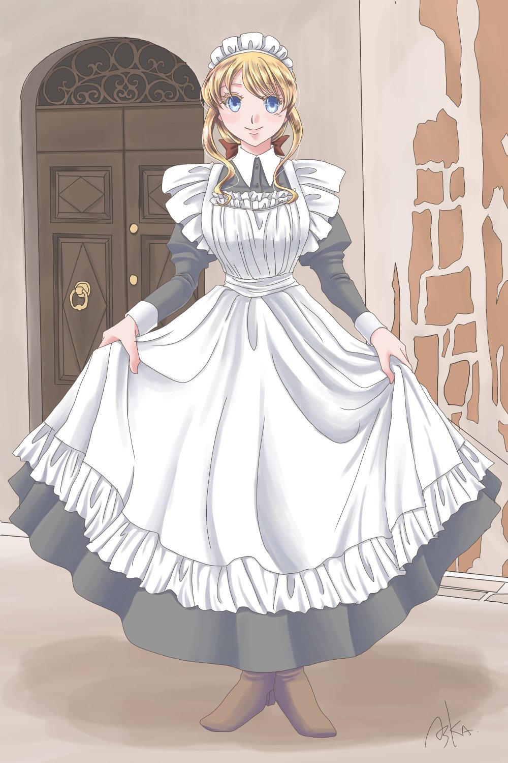 1girl apron apron_dress aska-k blue_eyes dress headdress highres long_dress maid maid_apron original pinafore_dress victorian victorian_maid