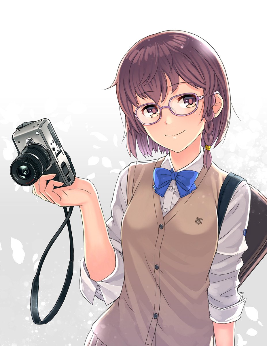1girl android_girl_(itou) bag bangs blue_neckwear bow bowtie braid camera closed_mouth collared_shirt commentary_request contrapposto eyebrows_visible_through_hair glasses highres holding holding_camera itou_(onsoku_tassha) long_sleeves looking_at_viewer original purple-framed_eyewear purple_hair shirt shoulder_bag smile solo upper_body vest violet_eyes white_shirt wing_collar