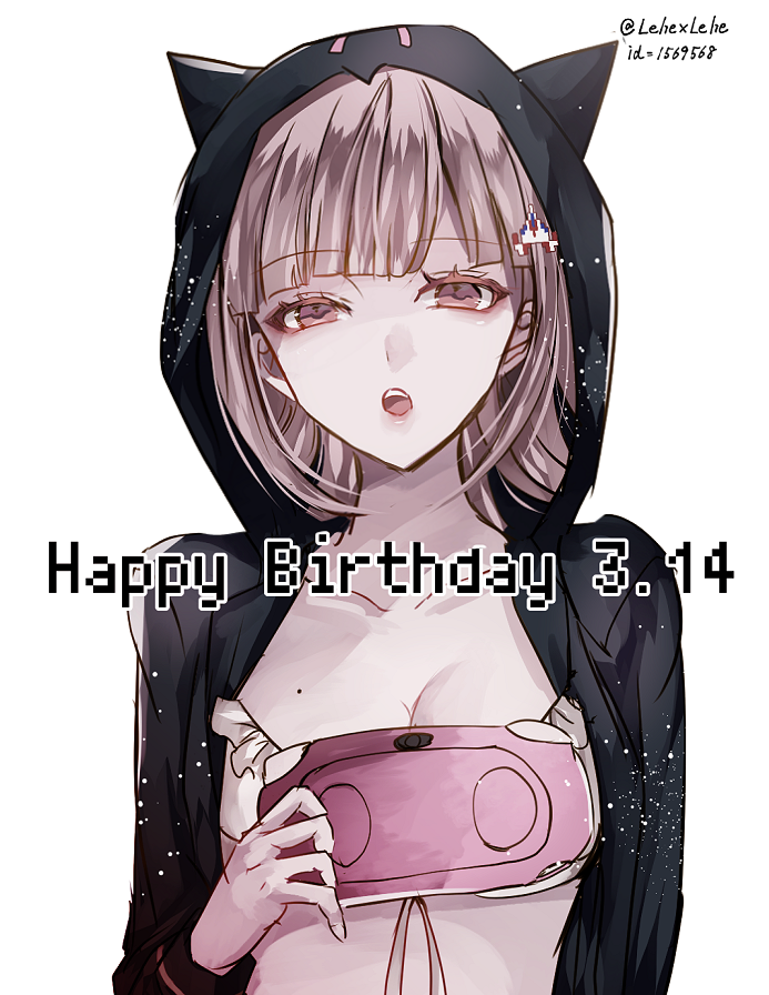 1girl :o animal_ears animal_hood bangs black_jacket breasts brown_eyes cat_ears cat_hood cleavage collarbone dangan_ronpa dated eyebrows_visible_through_hair fake_animal_ears frilled_bikini_top front-tie_bikini front-tie_top game_console hair_ornament happy_birthday holding hood hood_up hooded_jacket jacket long_sleeves looking_at_viewer medium_breasts nanami_chiaki open_clothes open_jacket simple_background solo super_dangan_ronpa_2 twitter_username upper_body white_background white_bikini_top z-epto_(chat-noir86)