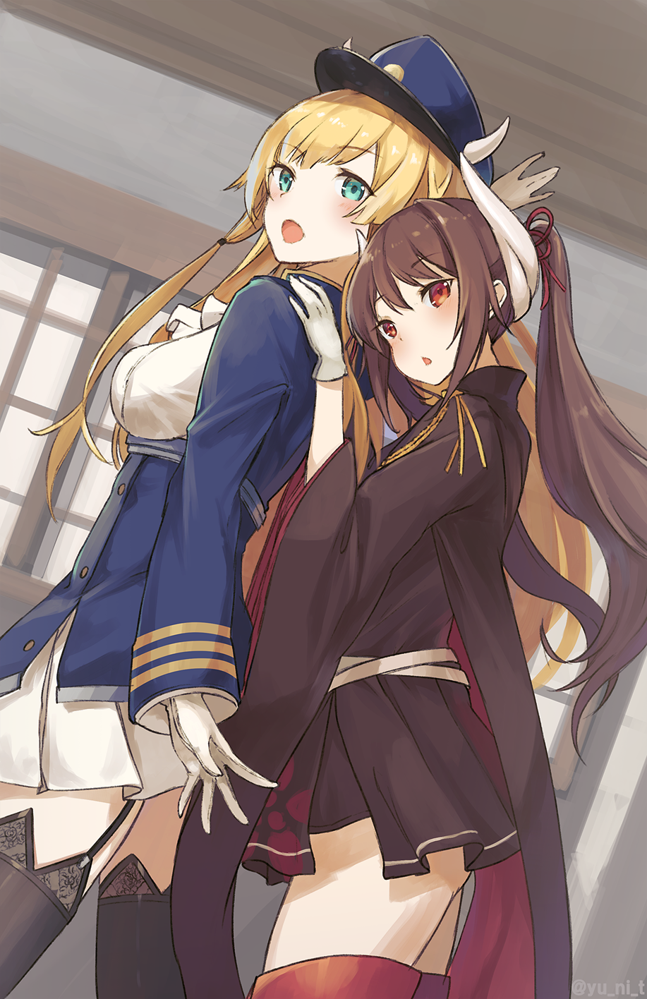2girls :o aqua_eyes azur_lane bangs black_legwear black_skirt blonde_hair blush brown_hair buttons cape commentary_request cowboy_shot day dutch_angle eyebrows_visible_through_hair framed_breasts from_side garter_straps gloves hair_ribbon haruna_(azur_lane) hat head_tilt highres horns indoors kongou_(azur_lane) long_hair long_sleeves looking_at_viewer military military_hat military_uniform miniskirt multiple_girls open_mouth parted_lips peaked_cap pleated_skirt red_eyes red_legwear red_ribbon ribbon sidelocks skirt standing thigh-highs twintails twitter_username uniform white_gloves white_skirt wide_sleeves window yu_ni_t zettai_ryouiki