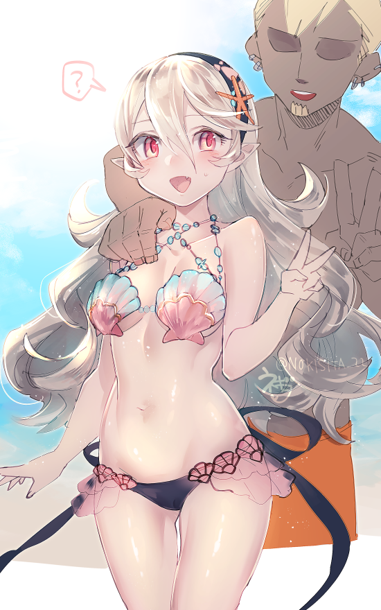 1boy 1girl bikini bikini_top blush breasts female_my_unit_(fire_emblem_if) fire_emblem fire_emblem_cipher fire_emblem_if hairband jewelry large_breasts long_hair looking_at_viewer mamkute my_unit_(fire_emblem_if) navel necklace negiwo nintendo pointy_ears red_eyes seashell shell shell_bikini simple_background smile solo swimsuit twitter_username white_hair