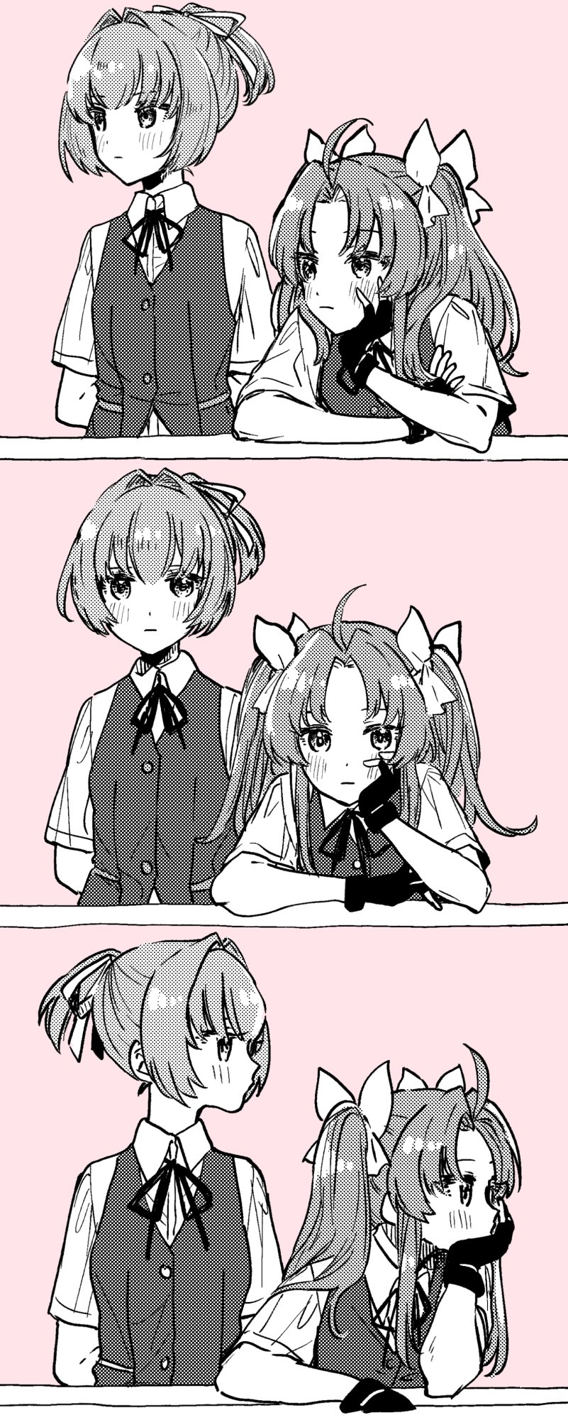 2girls ahoge arms_behind_back bangs blush bow buttons chin_rest closed_mouth collared_shirt comic commentary deco_(geigeki_honey) eyebrows_visible_through_hair fingerless_gloves gloves greyscale hair_between_eyes hair_bow hair_ribbon highres kagerou_(kantai_collection) kantai_collection long_hair looking_at_viewer looking_to_the_side medium_hair monochrome multiple_girls neck_ribbon parted_bangs ponytail ribbon school_uniform shiranui_(kantai_collection) shirt short_sleeves spot_color twintails upper_body vest