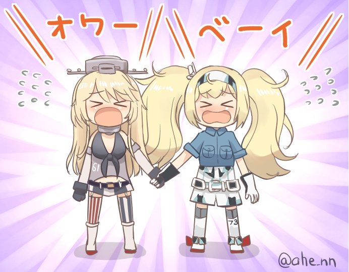 2girls ahenn bare_shoulders blonde_hair breast_pocket commentary_request crying detached_sleeves eyebrows eyebrows_visible_through_hair flying_sweatdrops gambier_bay_(kantai_collection) gloves hair_between_eyes hand_holding hat iowa_(kantai_collection) kantai_collection long_hair multiple_girls open_mouth pocket purple_background thigh-highs translation_request twintails twitter_username upset zettai_ryouiki