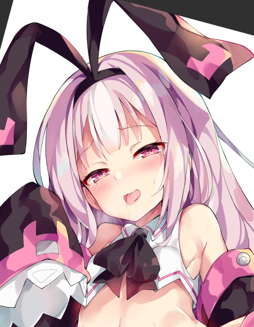 1girl animal_ears azur_lane bare_shoulders blush commentary_request detached_sleeves ears eyebrows eyebrows_visible_through_hair fake_animal_ears hobby_(azur_lane) long_hair looking_at_viewer open_mouth pink_eyes pink_hair rabbit_ears simple_background smile solo sweat sweatdrop tears tongue tongue_out unacchi_(nyusankin) white_background