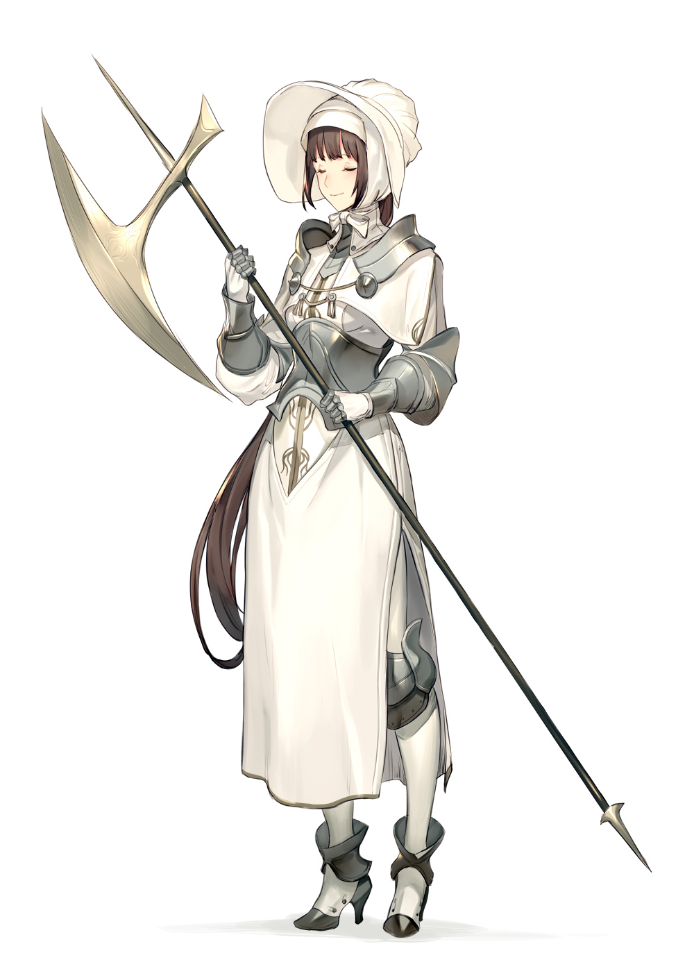 1girl armored_boots armored_corset boots brown_hair closed_eyes cowter full_body gauntlets halberd hat highres keemu_(occhoko-cho) original pale_skin polearm shoulder_armor side_slit smile solo spaulders standing weapon white_background