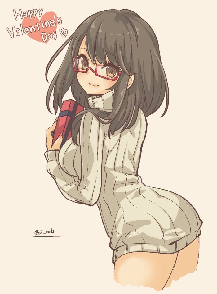 1girl bangs closed_mouth commentary conomi-c5 cowboy_shot cropped_legs english_commentary from_side gift glasses happy_valentine heart heart_hands holding holding_gift leaning_forward light_blush long_hair long_sleeves looking_at_viewer looking_back no_pants original red-framed_eyewear ribbed_sweater semi-rimless_eyewear simple_background smile solo standing sweater tan_background turtleneck twitter_username under-rim_eyewear valentine white_sweater