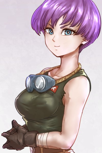 1girl black_gloves black_shirt blue_eyes breasts collarbone dragon_ball dragon_ball_(classic) gloves goggles goggles_around_neck looking_at_viewer medium_breasts purple_hair shirt short_hair smile solo st62svnexilf2p9 tank_top violet_(dragon_ball)