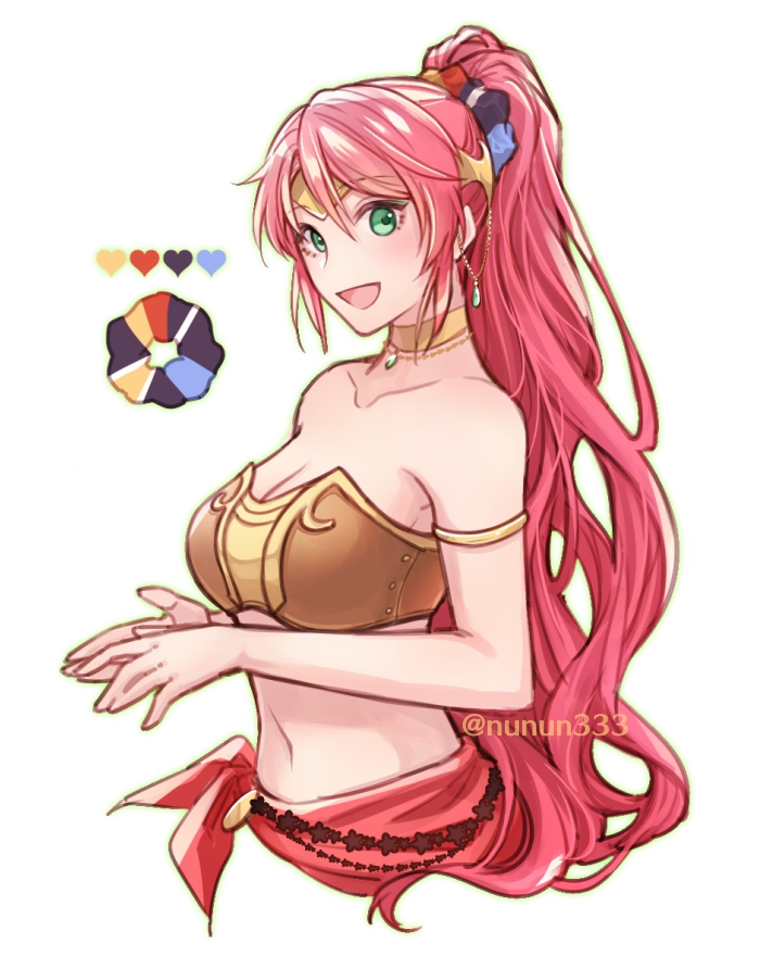 1girl :d armlet breasts choker cleavage collarbone eyebrows_visible_through_hair green_eyes hair_between_eyes hair_ornament high_ponytail large_breasts long_hair looking_at_viewer midriff navel nunun open_mouth pyrrha_nikos redhead rwby simple_background smile solo stomach strapless twitter_username very_long_hair white_background