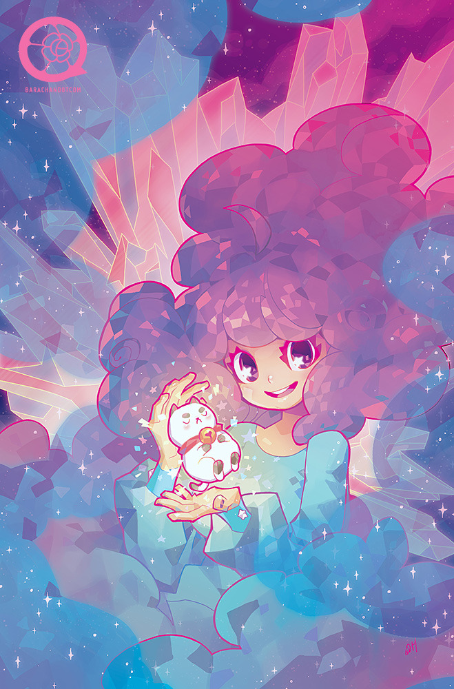 1girl artist_name barachan bee_(bee_and_puppycat) bee_and_puppycat bell crystal floating floating_object glowing jingle_bell long_hair long_sleeves looking_at_viewer official_art open_mouth puppycat purple_hair smile solo sparkle violet_eyes