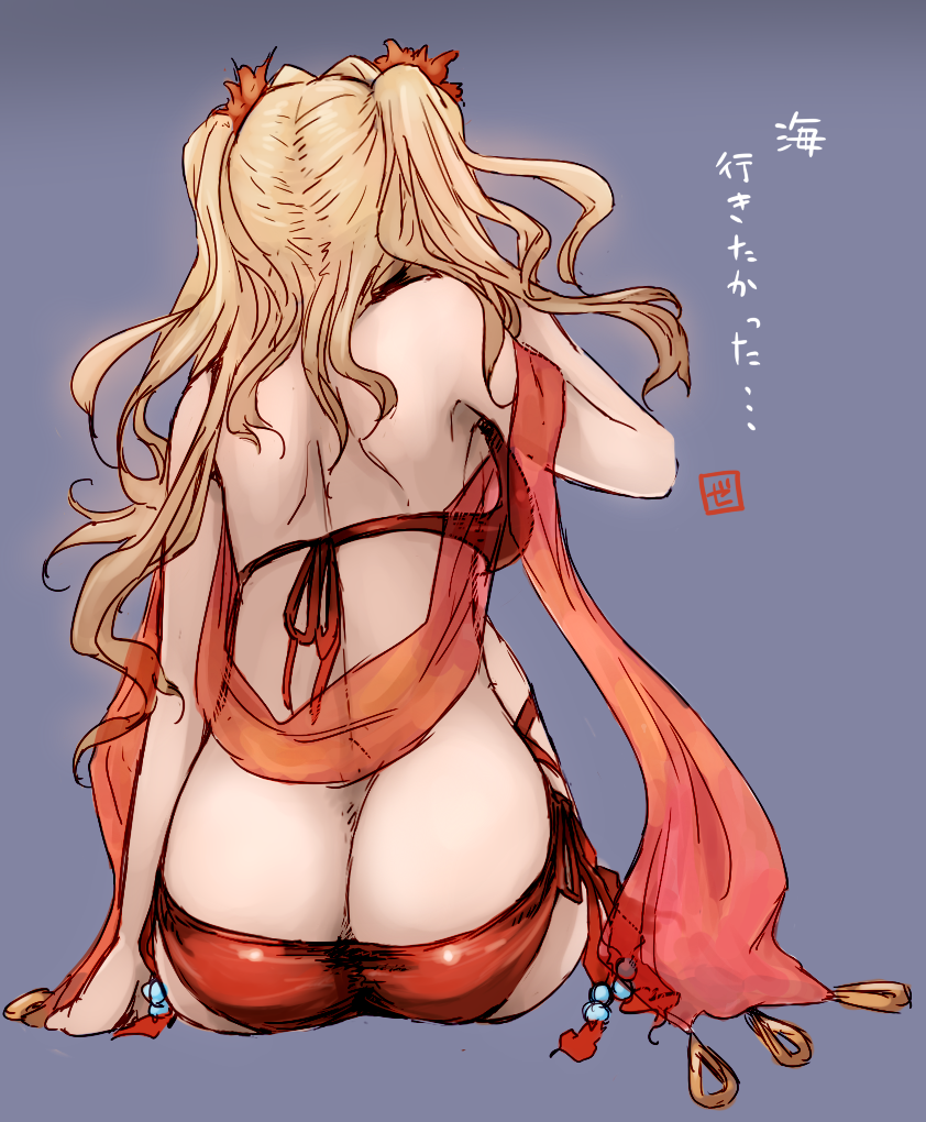 1girl ass bikini blonde_hair breasts commentary_request flower from_behind granblue_fantasy hair_flower hair_ornament long_hair red_bikini side-tie_bikini solo sora_haku_sanae swimsuit twintails zeta_(granblue_fantasy)