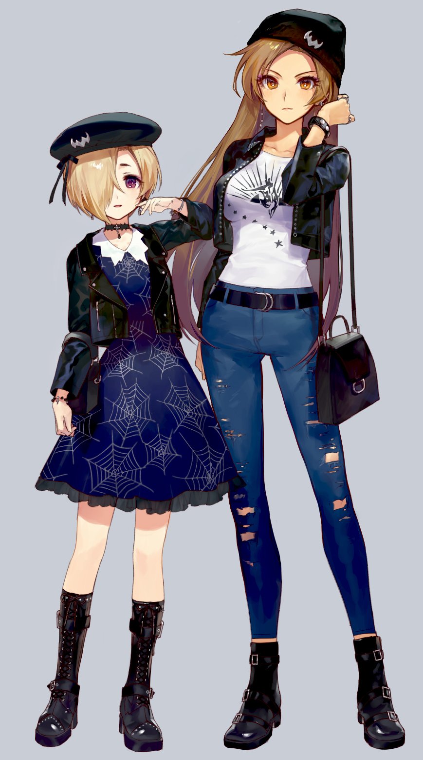 2girls ainy77 alternate_costume bag beret blonde_hair boots bracelet brown_eyes brown_hair choker cropped_jacket cross-laced_footwear dress earrings grey_background hair_over_one_eye handbag hat highres idolmaster idolmaster_cinderella_girls jacket jewelry lace-up_boots leather leather_jacket long_hair looking_at_viewer matsunaga_ryou multiple_girls open_mouth red_eyes ripped_jeans shirasaka_koume shirt short_hair t-shirt