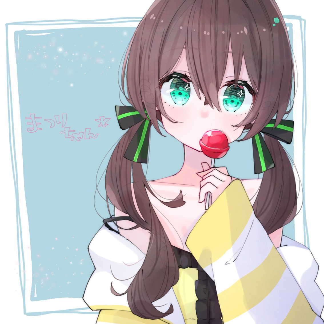 1girl alternate_hairstyle aoiro_0w0 blue_eyes brown_hair candy collarbone food hair_between_eyes hair_ribbon hololive lollipop looking_at_viewer low_twintails medium_hair natsuiro_matsuri portrait ribbon simple_background solo translated twintails virtual_youtuber