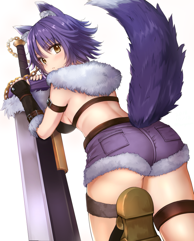 1girl aki_makoto animal_ear_fluff animal_ears arm_belt ass back bangs belt black_bikini_top black_gloves blush breasts closed_mouth dargo eyebrows_visible_through_hair fingerless_gloves fur_collar fur_trim gloves holding holding_sword holding_weapon leaning_forward looking_at_viewer looking_back medium_breasts princess_connect! princess_connect!_re:dive purple_hair purple_shorts shoes short_hair short_shorts shorts simple_background solo standing standing_on_one_leg sword tail thigh_strap weapon white_background wolf_ears wolf_tail yellow_eyes