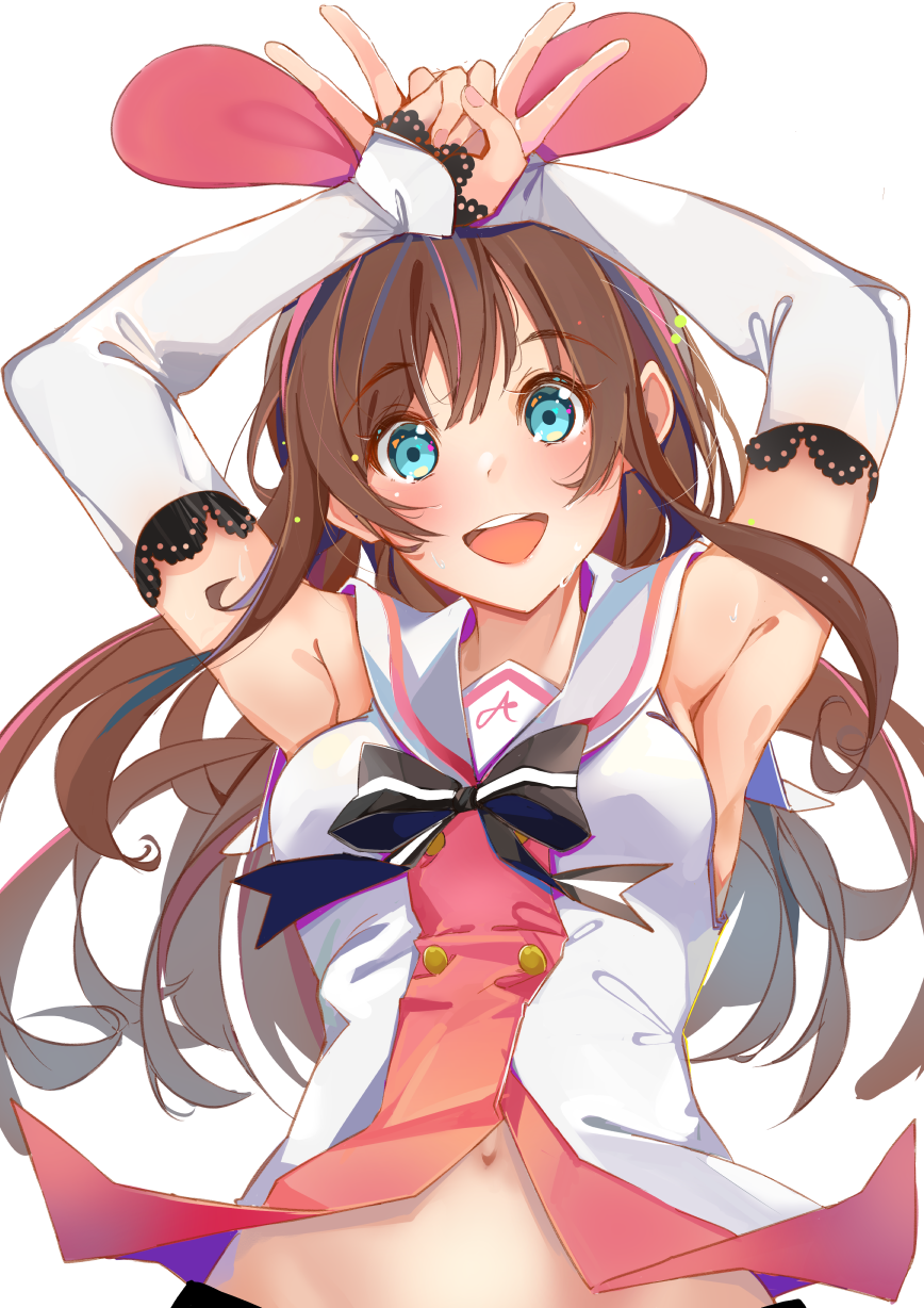 1girl :d a.i._channel armpits arms_up blue_eyes brown_hair commentary detached_sleeves double_v english_commentary eyebrows_visible_through_hair eyes_visible_through_hair highres kizuna_ai lace-trimmed_sleeves long_hair looking_at_viewer midriff_peek multicolored_hair navel open_mouth pink_hair sailor_collar simple_background smile solo streaked_hair sweat two-tone_hair upper_body v virtual_youtuber white_background white_sailor_collar xhunzei