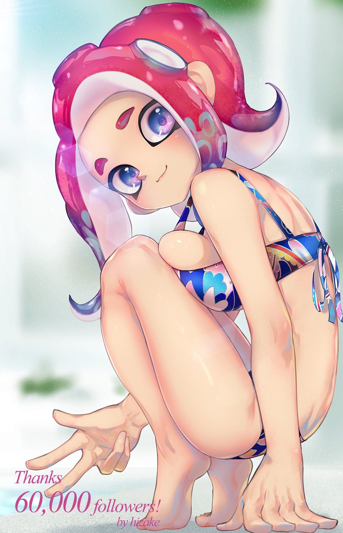 1girl agent_8 artist_name barefoot bikini blue_eyes blurry blurry_background breast_press breasts english followers from_side highres kashu_(hizake) large_breasts looking_at_viewer octoling redhead smile solo splatoon splatoon_(series) splatoon_2 swimsuit tentacle_hair thank_you tiptoes v watermark