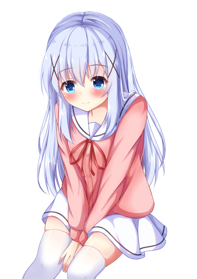 1girl bangs between_legs blue_eyes blue_hair blush cardigan closed_mouth eyebrows_visible_through_hair gochuumon_wa_usagi_desu_ka? hair_between_eyes hair_ornament hand_between_legs kafuu_chino kedama_(kedama_akaza) long_hair long_sleeves neck_ribbon pink_cardigan pleated_skirt red_ribbon ribbon sailor_collar school_uniform serafuku simple_background sitting skirt smile solo thigh-highs very_long_hair white_background white_legwear white_sailor_collar white_skirt x_hair_ornament