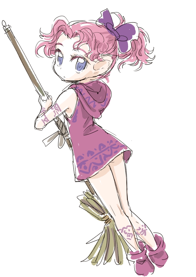 1girl back bare_arms bare_legs bare_shoulders bow broom character_request colored_eyelashes commentary_request curly_hair dutch_angle eye_color_request eyelashes forehead from_behind full_body holding holding_broom hood hood_down kneepits legend_of_mana long_legs looking_at_viewer looking_back pink_hair purple_bow s-a-murai seiken_densetsu simple_background sketch solo standing white_background widow's_peak